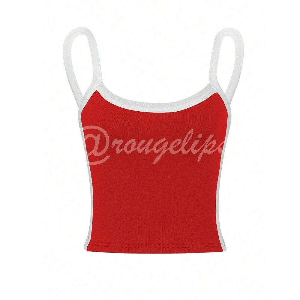 Red Crop Top Tank, White Binding Trim Stretchy - Picture 4 of 8
